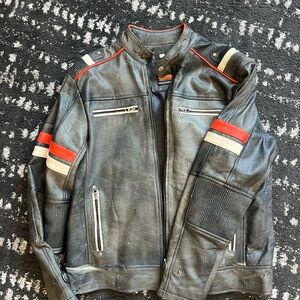 Men's Black Leather Jacket with Red Accents
